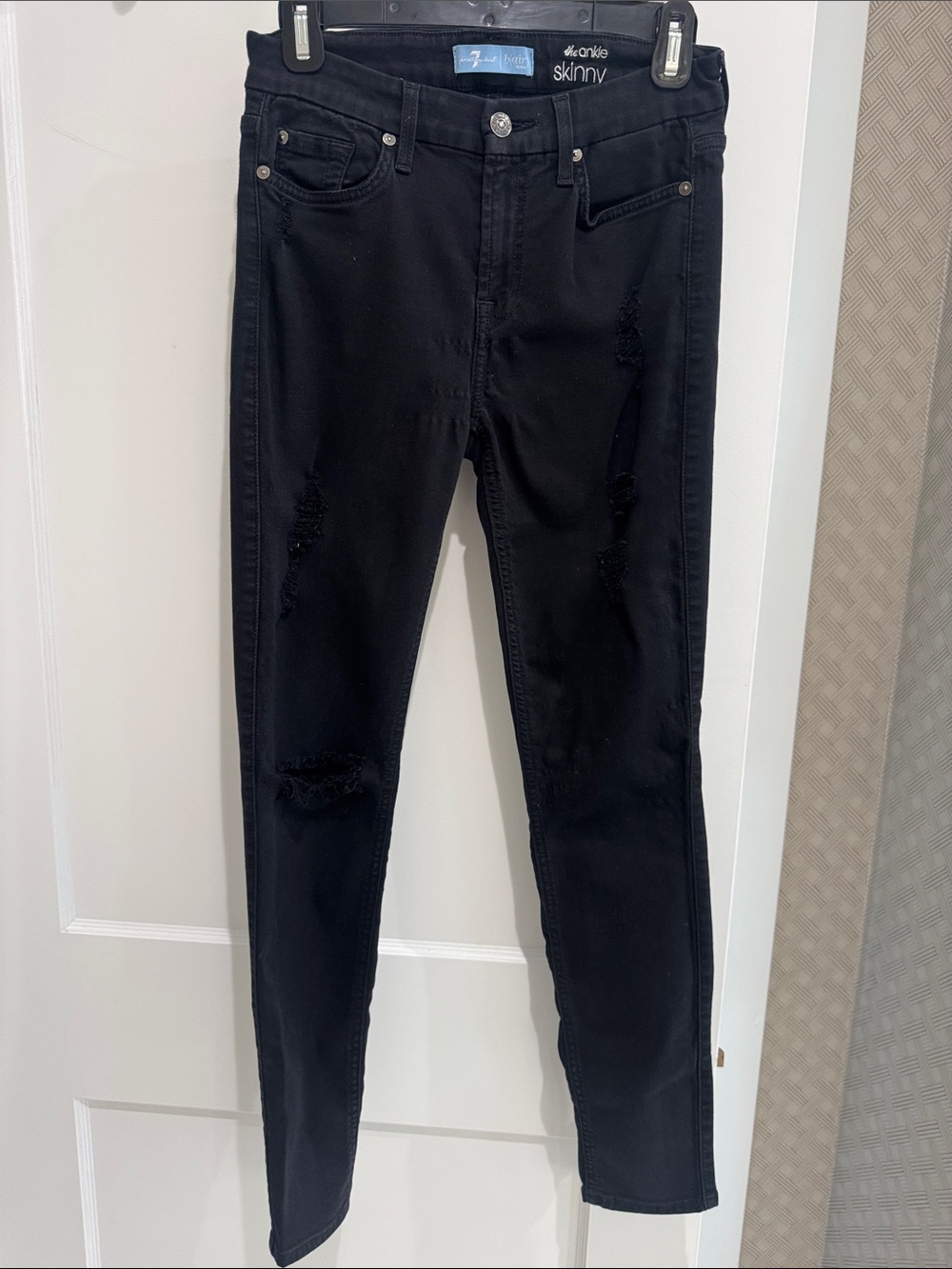 7 For All Mankind The Ankle Skinny — Black Distressed — Size 27